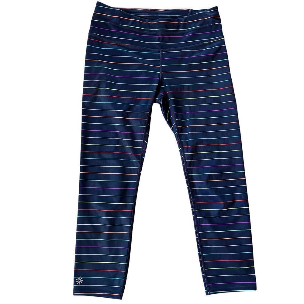 Athleta Multi Stripe Sonar Rainbow Navy Capri Crop Leggings. Size Small